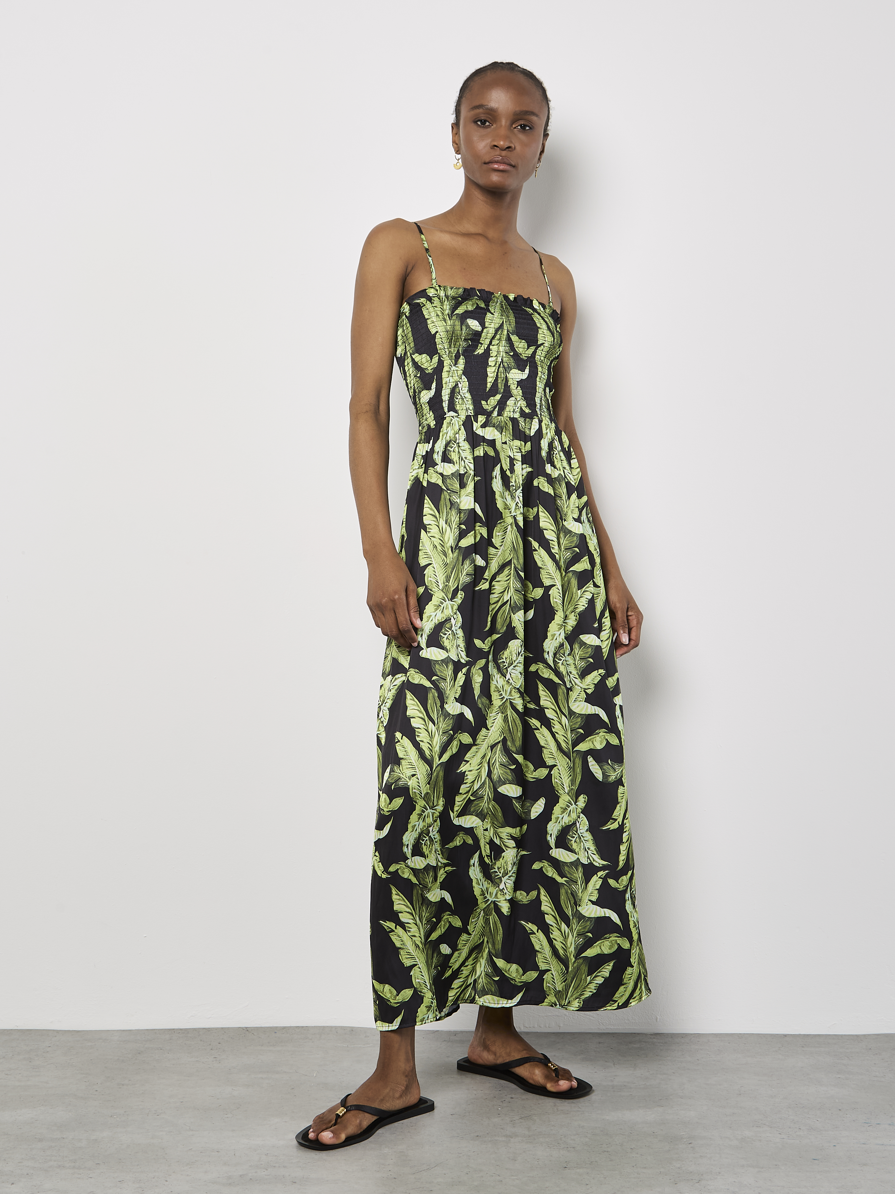 Robe bandeau smockée à rayures et feuillage tropical Apricot 934863