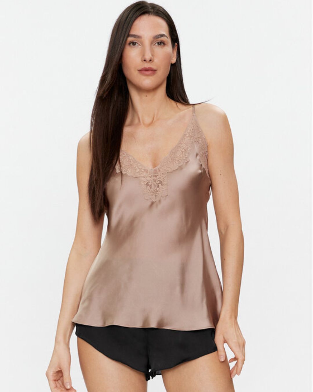 Camisole Satinée Bretelles Fines Col en Dentelle Selmark 92061 