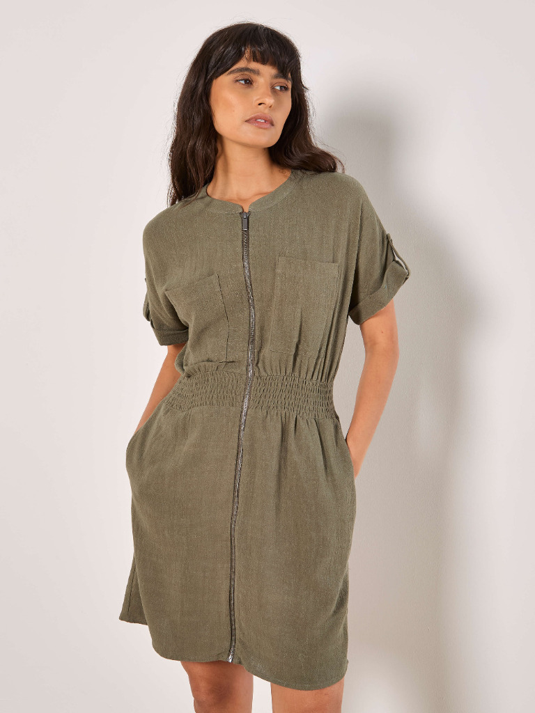 Robe en lin mélangé zippée avec taille élastiquée Apricot 949508