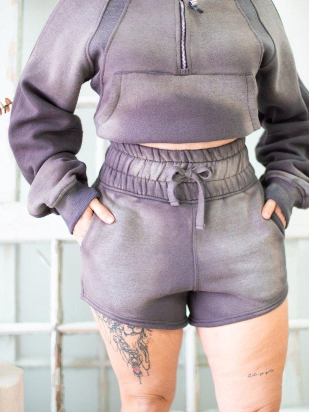 Short gainant taille haute - Coton ouaté délavé GRIS