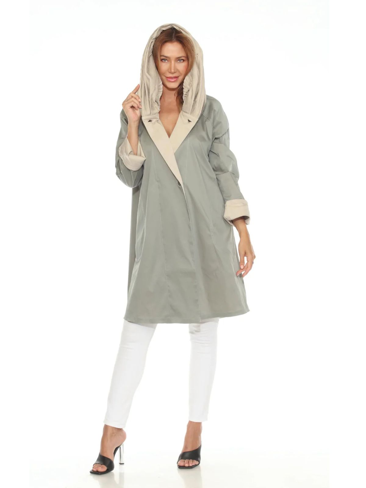 Veste mi-longue réversible, dotée d’une capuche plissée Oopéra