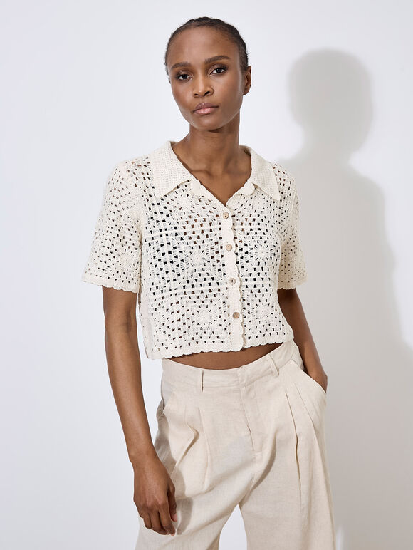 Haut à col en crochet avec boutons en noix de coco Apricot 944299