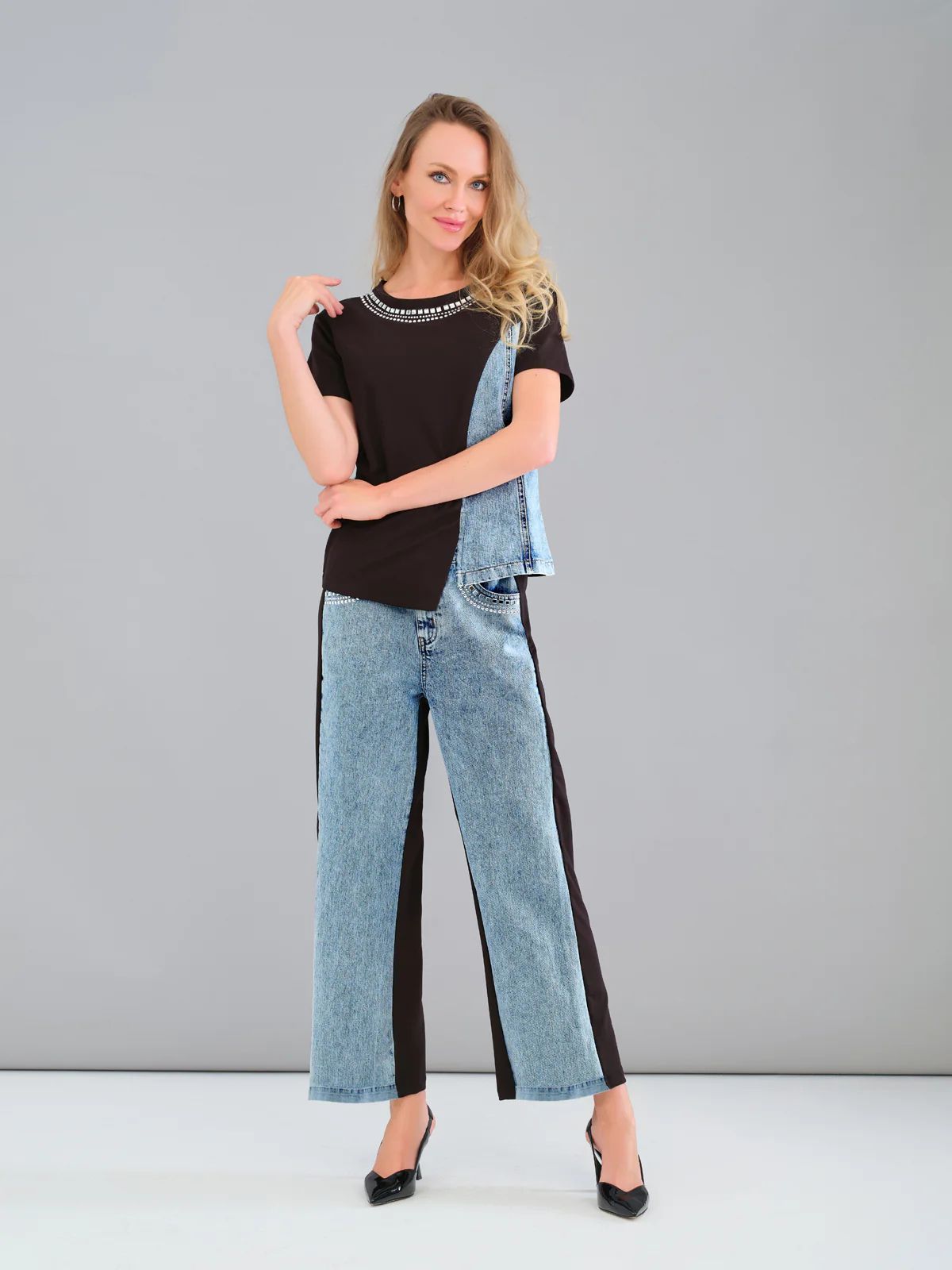 Pantalon bicolore en denim et tissu Tricotto