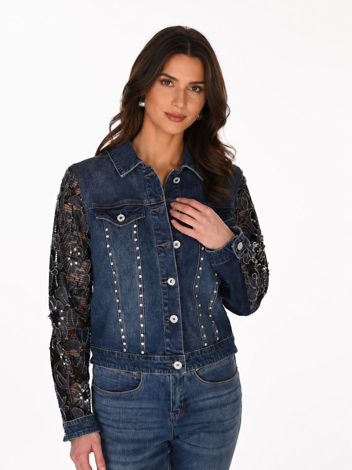 Veste en denim décontractée avec détails floraux en dentelle Frank Lyman