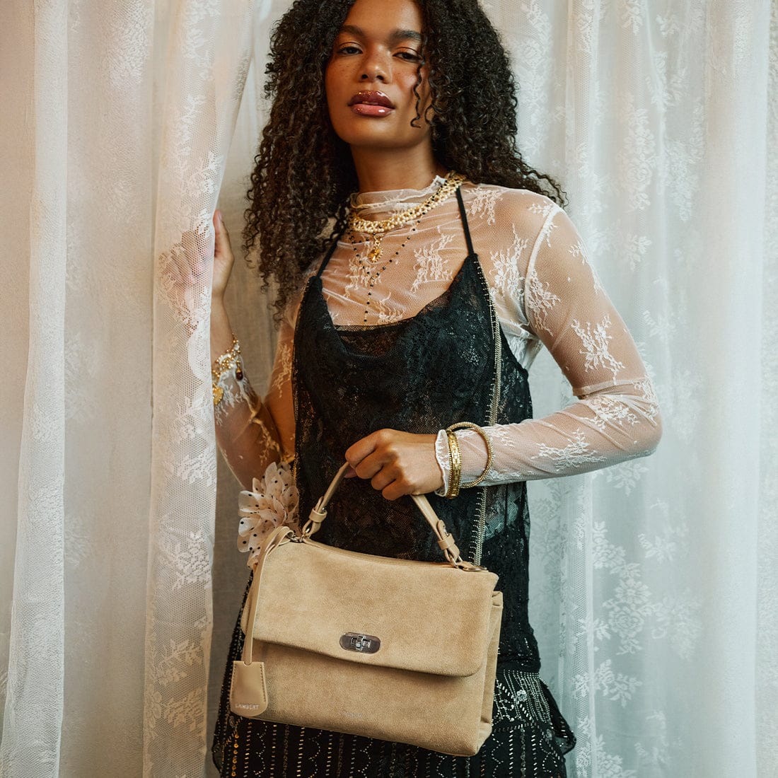 Le Freya- Sac à main 2-en-1 en suede vegan beige Lambert